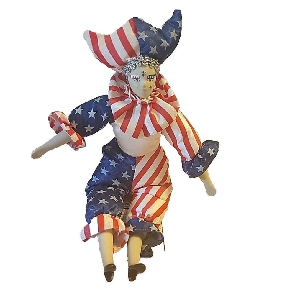 Sugar Loaf Creations Patriotic Jester Clown Doll USA Flag Heart Face July 4th